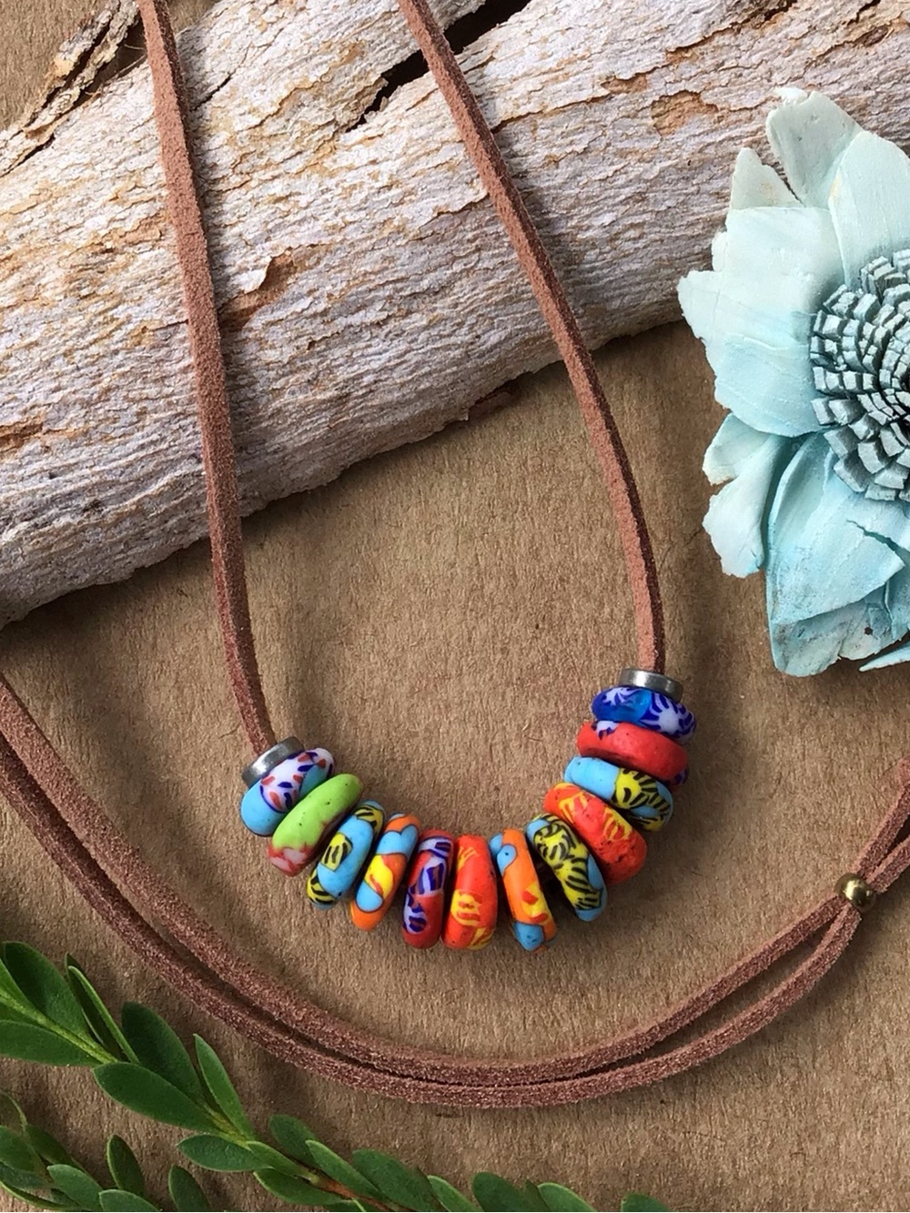 Antique Trade Beads Suede Leather Cord Sundance Charm Necklace